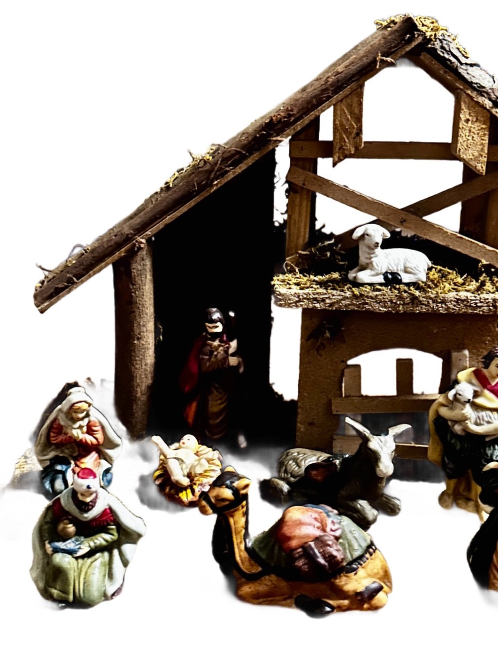 Holiday Time ~ Porcelain 10 Pieces Nativity Set W/ Stable & Box